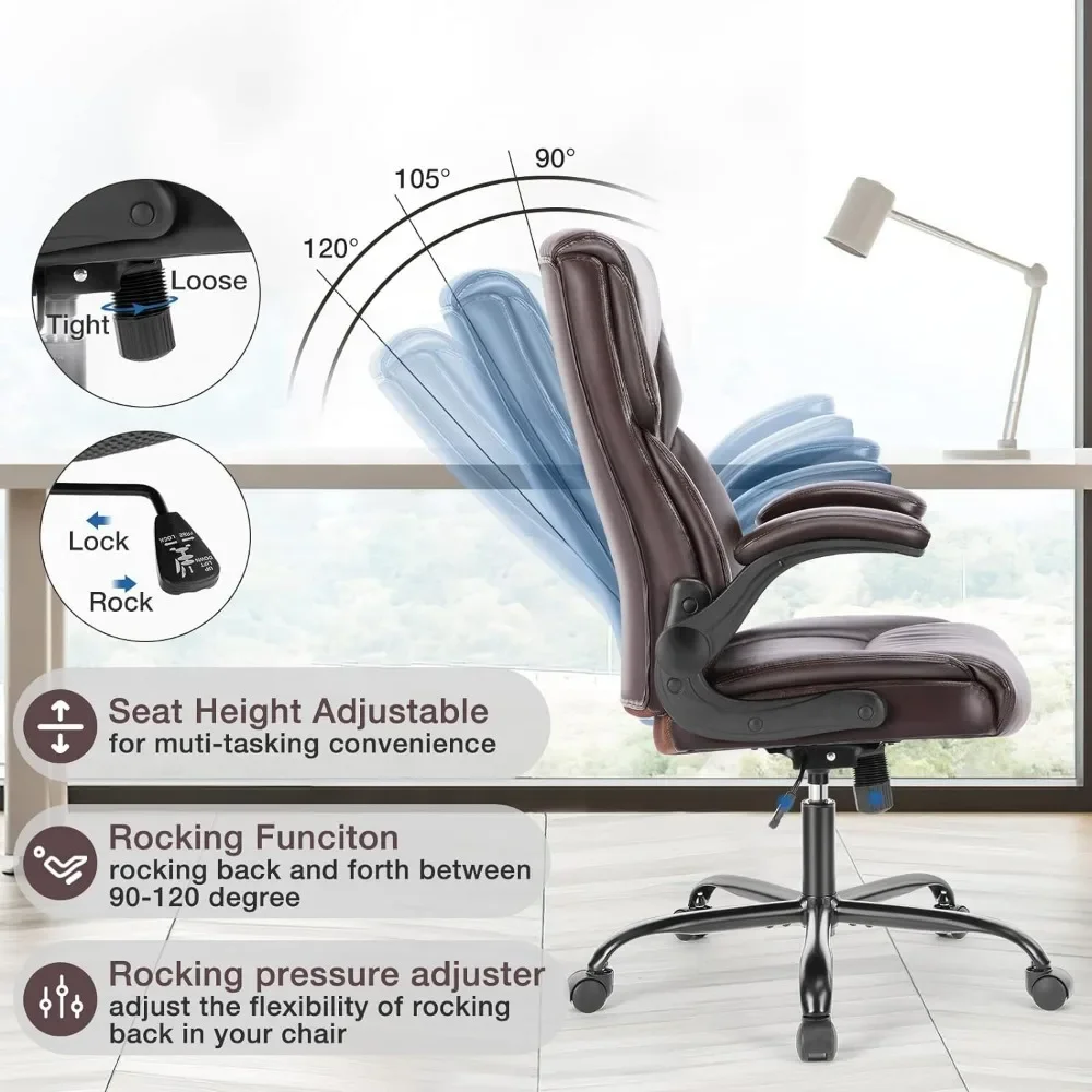 High Back Ergonomic Executive Desk Chair Mobile PU Leather Flip-Up Armrests Computer Chair Brown Office Backrest Furniture 4