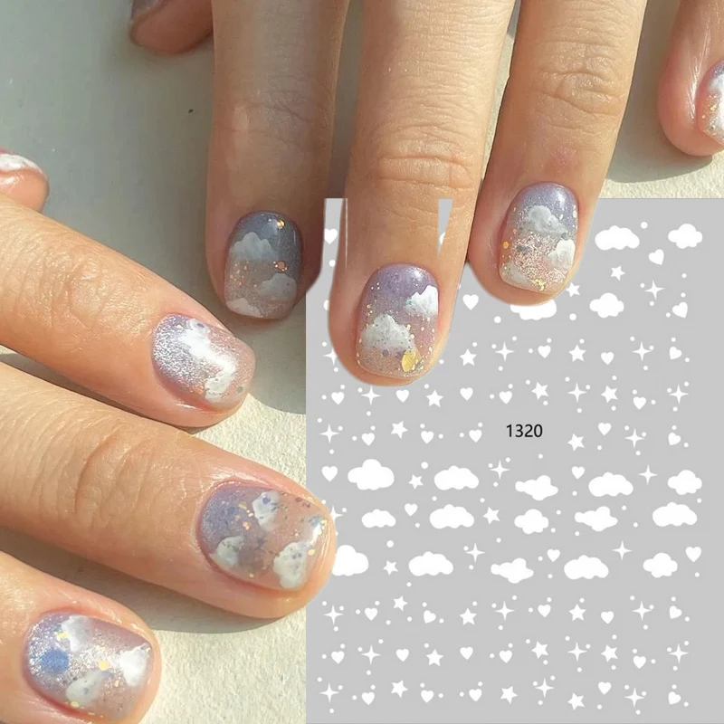

Sky White Cloud Stickers for Nail Decals Engraved Embossed Flowers Leaf Design Adhesive Slider Wraps Manicure Nail Accesoires