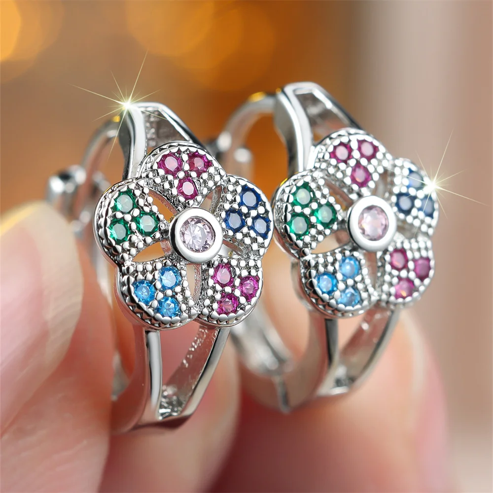 Female Cute Flower Rainbow Zircon Round Hoop Earrings For Women Vintage Gold Silver Color Ear Buckle Wedding Party Jewelry Gift