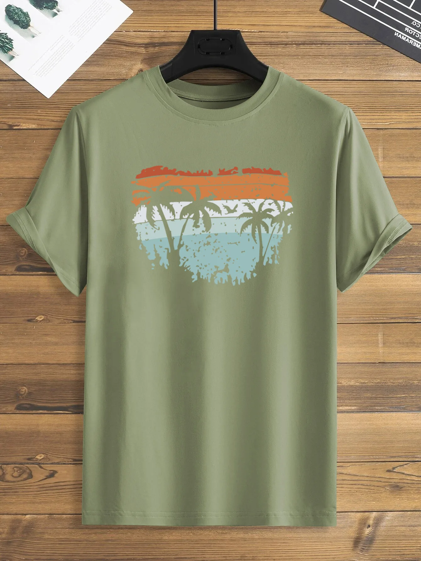 Coconut tree print Crew Neck T-shirt, Casual Short Sleeve Fashion Summer T-Shirts Tops, Men's Outfits,Oversize Tees_voghion.com