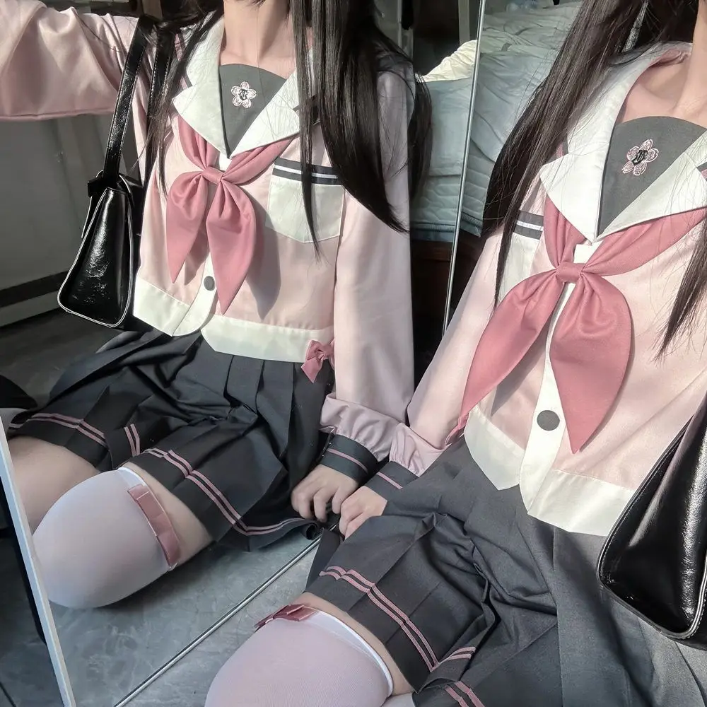 JK Short Skirt Suit Girls Long Sleeve Navy Collar Bow Collegiate Style Sailor Clothes Goldfish Bow Tie