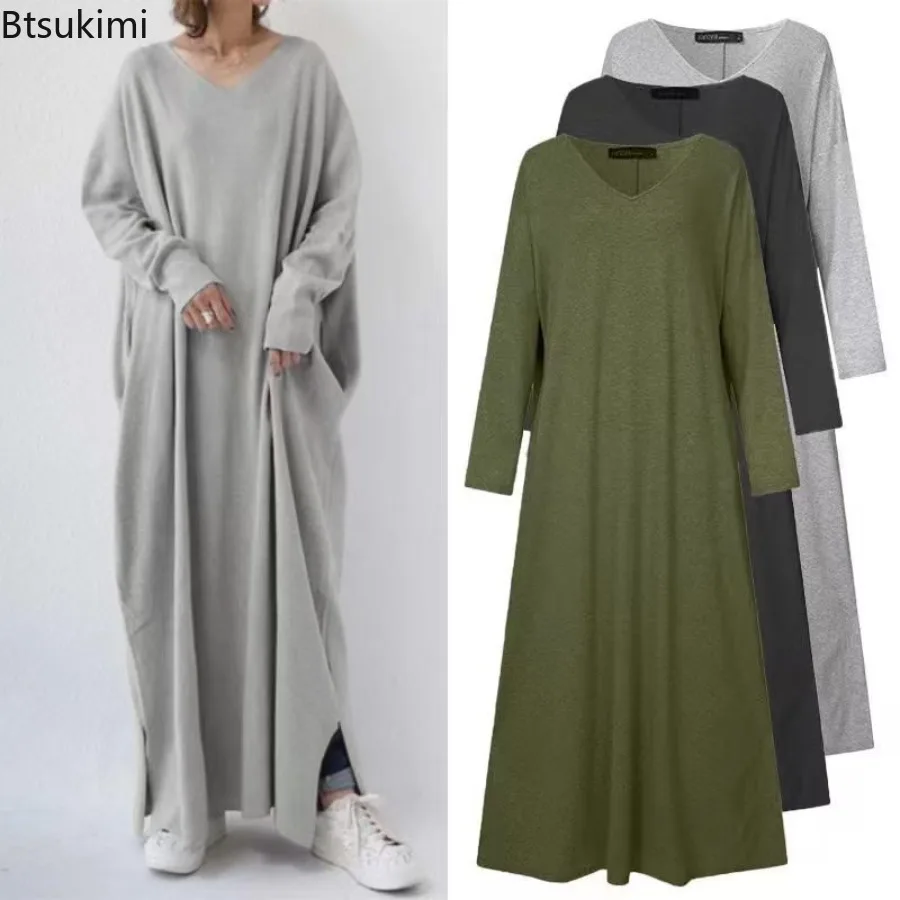 

Fashion Simple Baggy Dresses Women Casual Long Sleeve Solid Knitted V-neck Maxi Dress Elegant Lady Party Vestidos Robe Plus Size