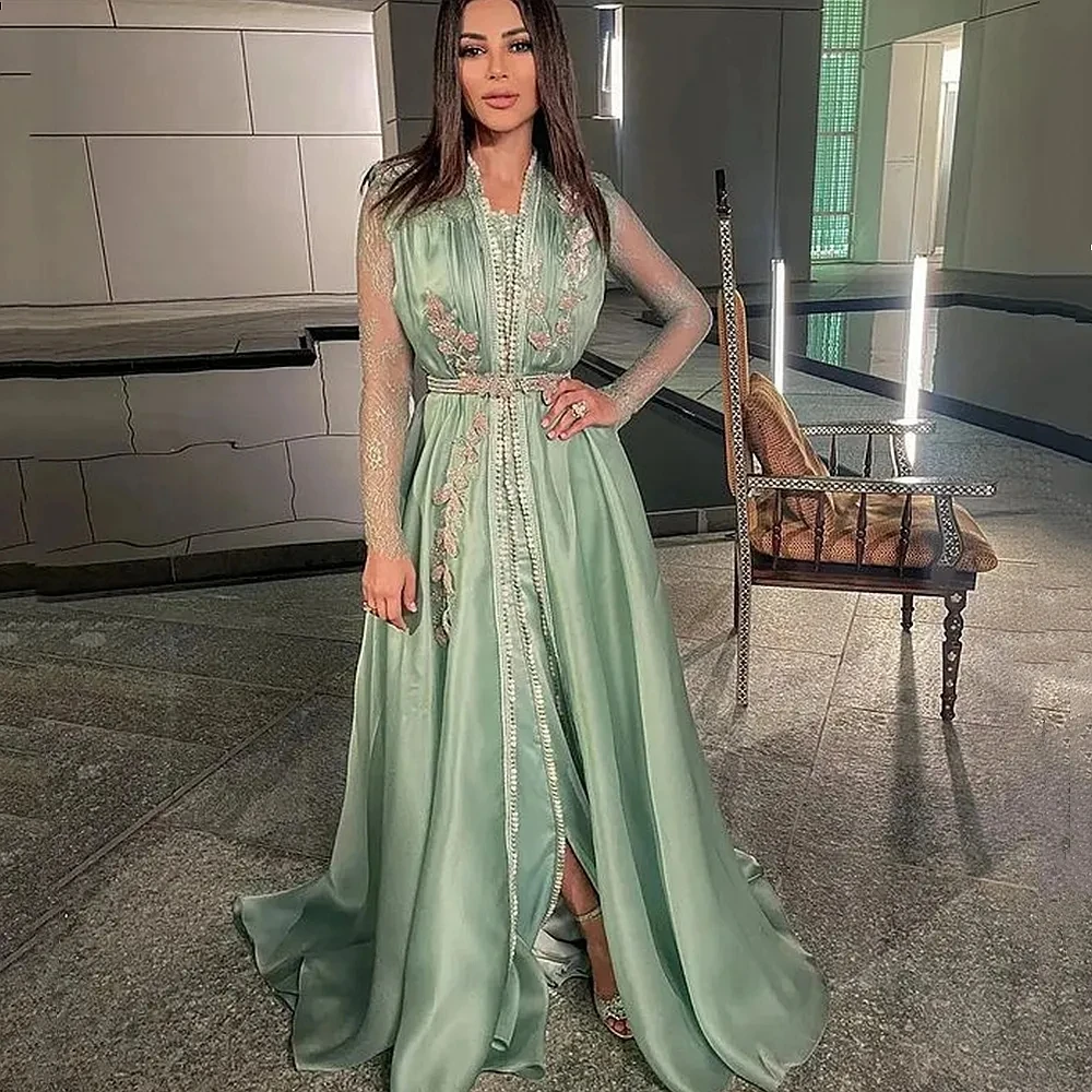 Sage Green Moroccan Kaftan Muslim Evening Dresses...
