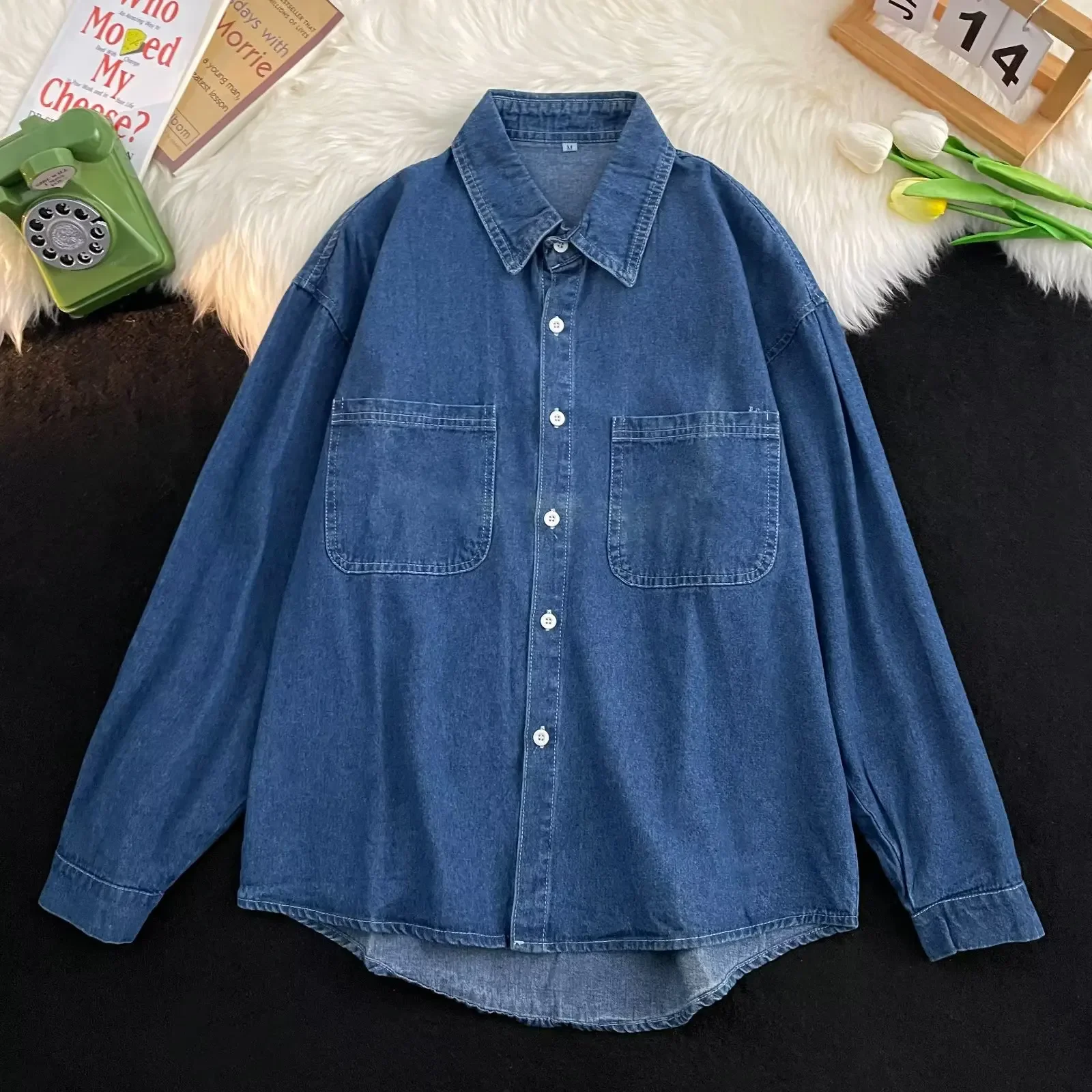 Fall Fashion High Street Retro Men's Denim Shirt Long Sleeve Turn-down Collar Outerwear Casual Simple Design Classic Style