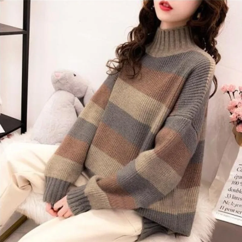 New Women's Semi-turtleneck Knitted Long-sleeved Sweater Autumn and Winter Fashion Splicing Women's Loose Casual Office Pullover