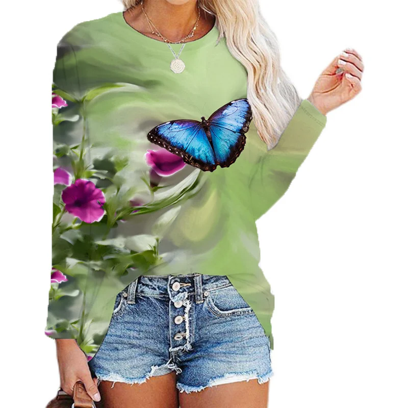 

Fall New Women's Long Sleeves Fashion New T-Shirts Butterfly Print Homewear Long Sleeves Women's T-Shirts 2022
