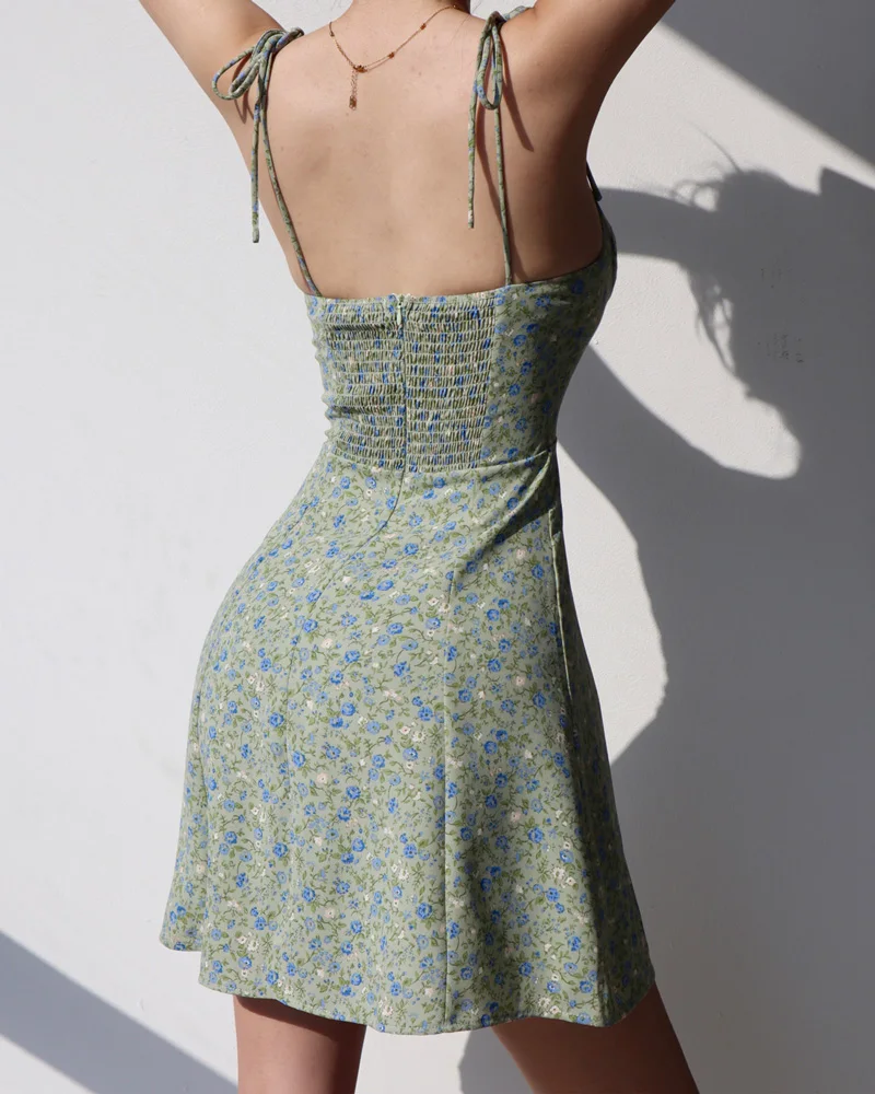 Women Green Floral Tie Shoulder Cami Strap Mini Dress