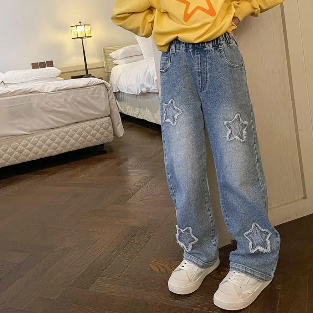 Ins Embroidered Stars Teens Girl Jeans Loose Wide Leg Children Y2K Jeans High Waist Cowboy Pants Girls Denim Trousers Girls Gift