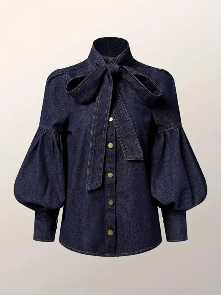Gymystars New Trendy Imitation Denim Blouse Tops for Women Long Puff Sleeves Bow-Embellished High Neck Women's Autumn Shirts 6