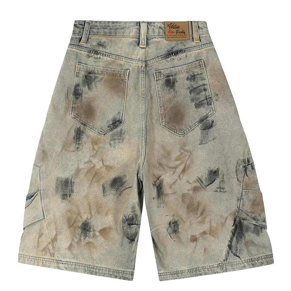 Men's Vintage Denim Shorts Pleated Patchwork Hi Street Jeans Shorts Streetwear Harajuku Hip Hop for Male