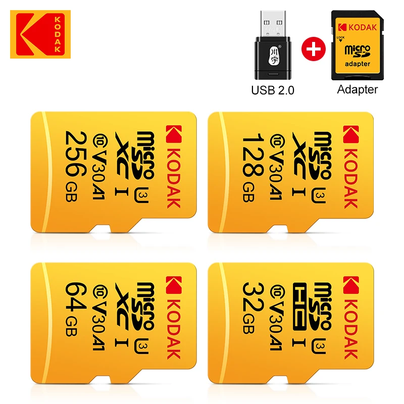 코닥 고속 마이크로 SD 카드 선물 어댑터, 64GB U3 A1 V30 클래스 10 메모리 카드