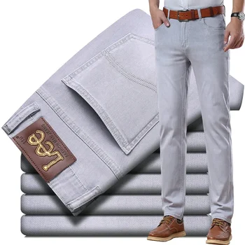 Lee Dex Cross-Border Trade Men's Straight-Leg Slim Fit Jeans Spring Summer Thin Light Grey Stretch Business Youth Casual Denim 1