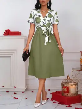 Women's Floral Print V-Neck Tie Waist Midi Dress - Rose Patchwork A-Line Short Sleeve Dress for Casual, Vacation & Wedding Guest 1