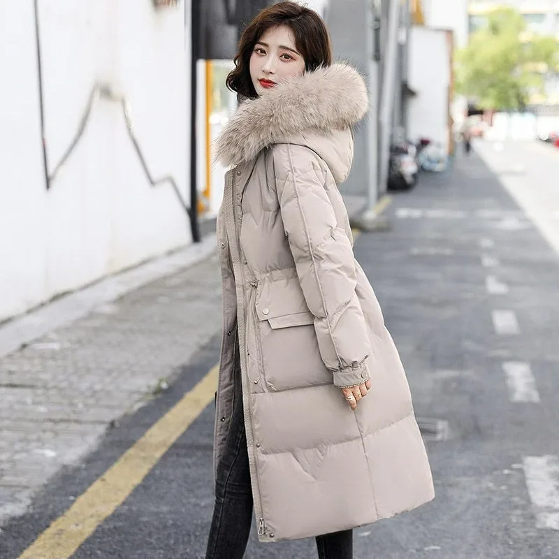 2023 New Women Down Jacket Winter Coat Female The Waist Parkas  Mid Length Version Outwear Real Fur Collar and Hat Overcoat