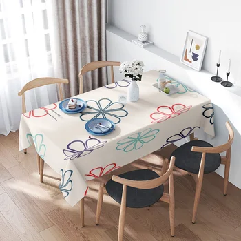 Modern Dining Table with Flower-Printed Tablecloth Elegant Wooden Chairs Set for Family Meals