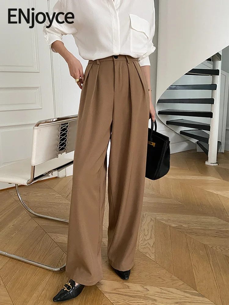 

Женские Плиссированные широкие брюки ENjoyce, офисные свободные прямые брюки с высокой талией в Корейском стиле для весны и осени
