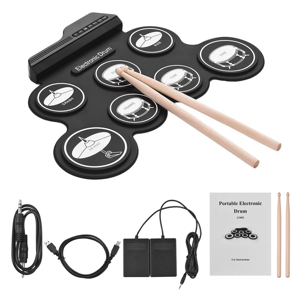 Folding Music Drums Hand Roll USB Digital Electronic Drum Kit Portable Roll-Up 7 Pad Silicon Drum Set with Drumsticks Foot Pedal
