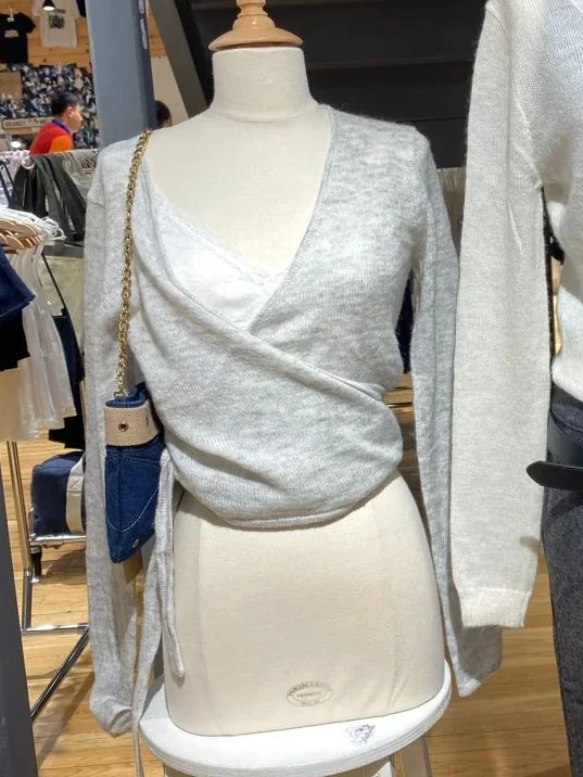 Gray Lace-up Knitted Long Sleeve T-shirt Cardigan Autumn V-neck Cotton Casual Smock Solid Simple Sweet Wrap Tee Crop Tops Y2k 1