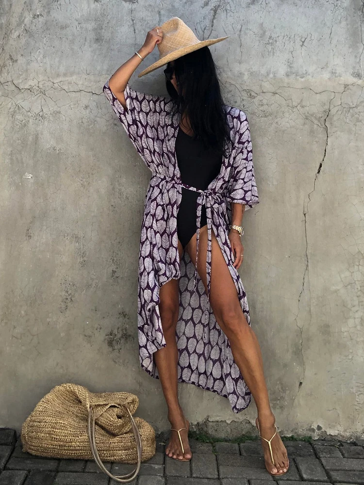 Fitshinling Summer Vintage Kimono Swimwear Halo Dyeing Beach Cover Up With Sashes Oversized Long Cardigan Holiday Sexy Covers bathing suit bottom cover up Cover-Ups