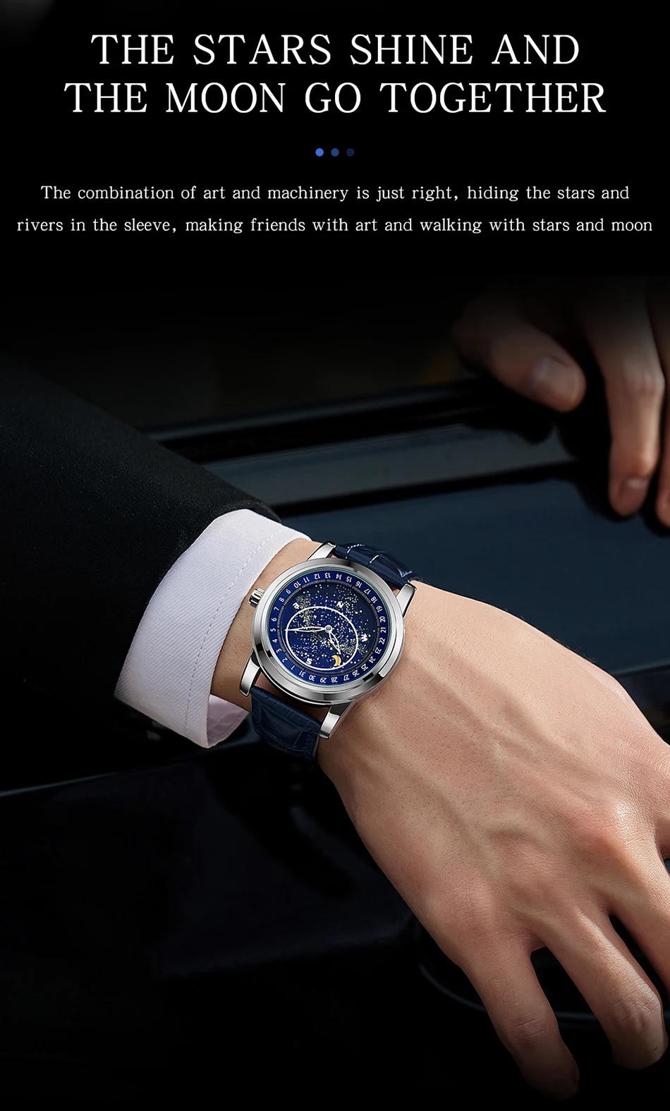 Sanda Men's Watches Quartz Men Watch Luxury Starry Sky Dial Fashion Luminous Waterproof Watches Genuine Leather Strap For Men 7002