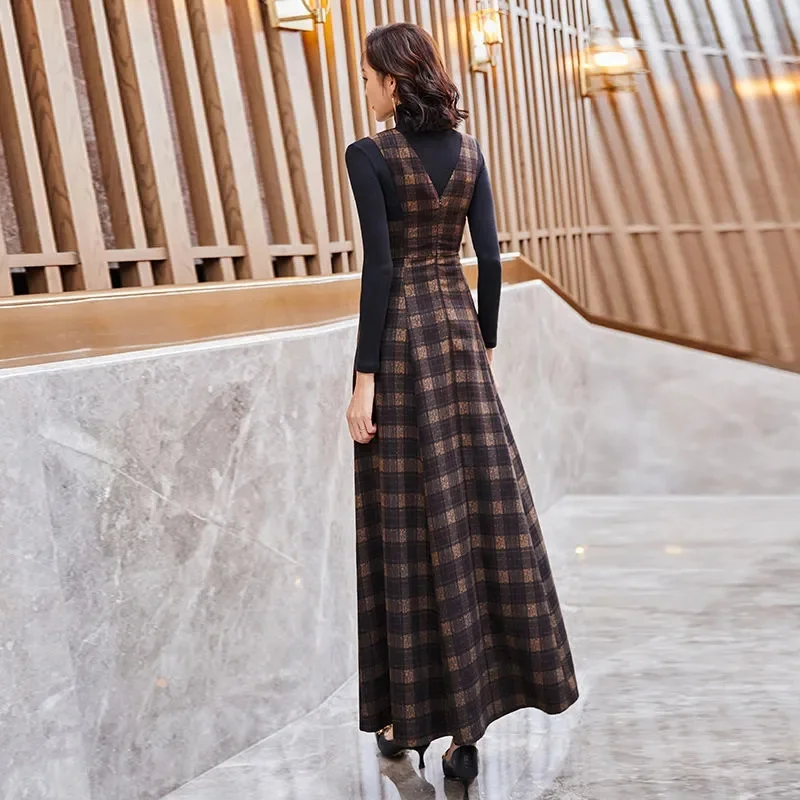 Wo2023 Autumn Winter New Vintage Plaid Strap Dress Sets New