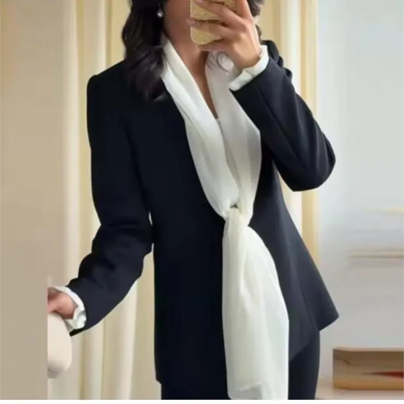 Women's Scarf Contrast Blazer 2026 Spring New Fashion V-neck Long Sleeve Coats Casual  Female Office Outwears - 3