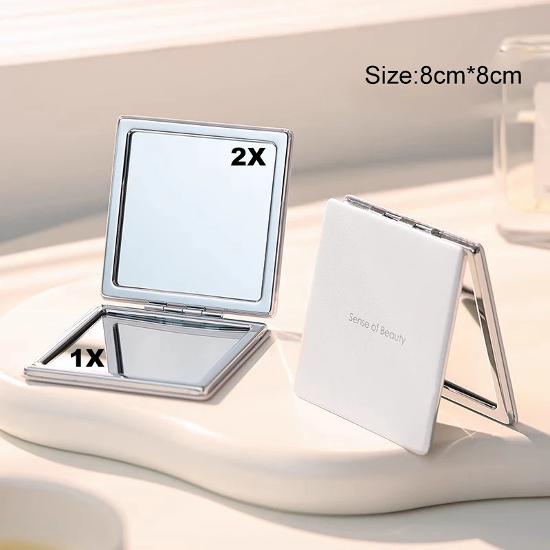 

PU White Leather Makeup Mirror Small Double-sided for Women Portable In Student Dormitory for Men Handheld Folding Mirror
