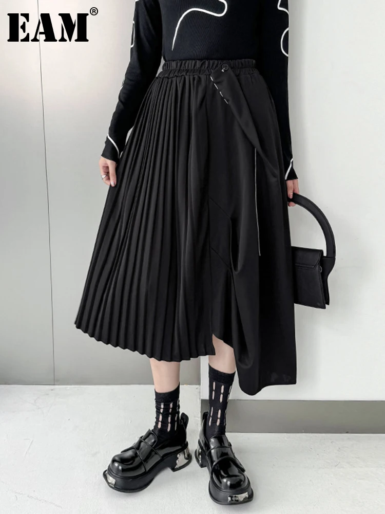 

[EAM] High Elastic Waist Black Pleated Asymmetric A-line Half-body Skirt Women Fashion Tide New Spring Autumn 2024 1DH4334
