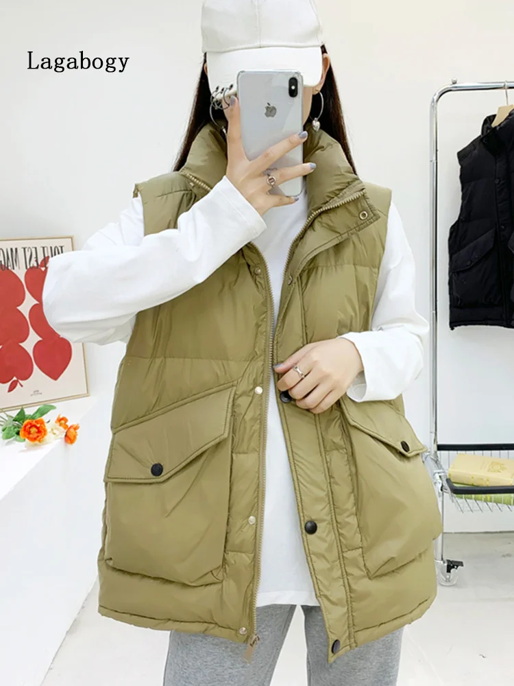 

Winter Short Lagabogy Vest Women 2023 New Windproof Lightweight Warm Waistcoat Female Loose Sleeveless White Duck Down Coat