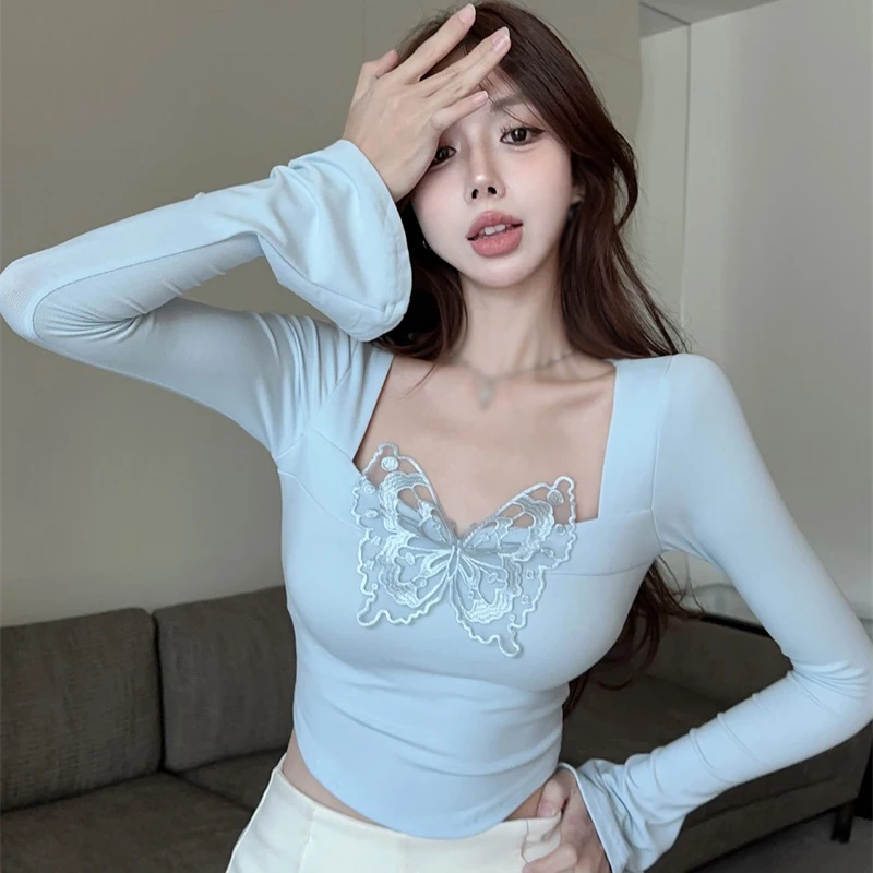 

Women's Tops Solid Colour Spring Autumn Square Neck Three-dimensional Butterfly Slim Sexy Long Sleeves Crop Top