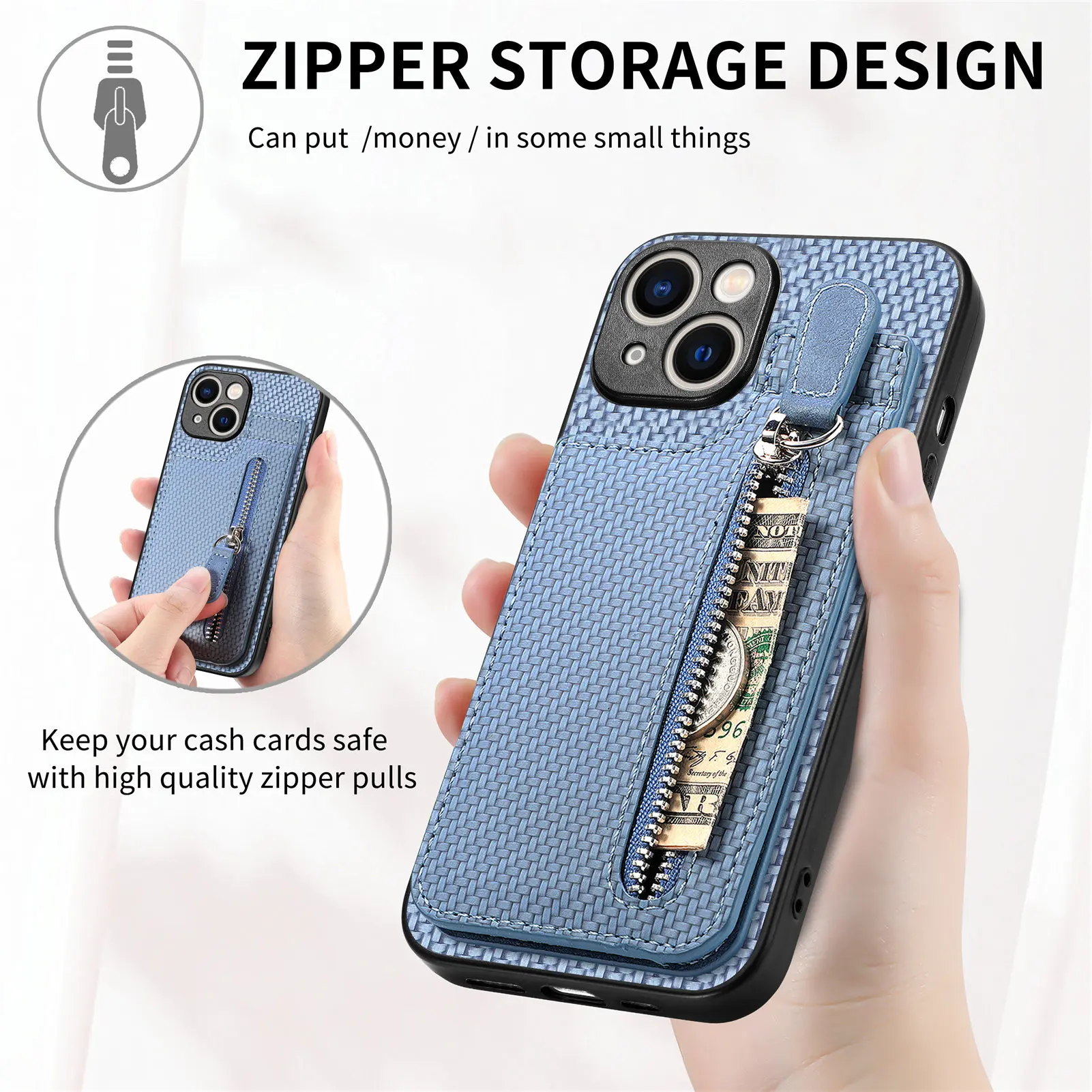 Leather Zipper Wallet Phone Case with Card Slots and Magnetic Holder
