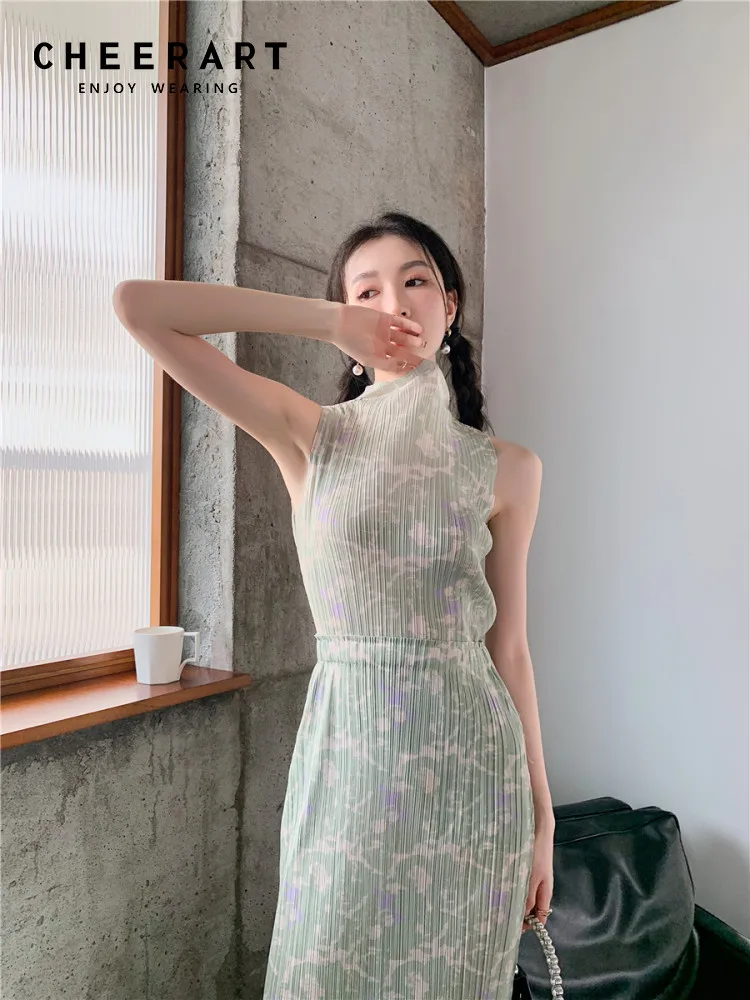 

CHEERART Miyake Pleated Skirts For Women 2022 Summer Outfits Green Floral High Waisted Long Midi Skirt Japanese Fashion Bottoms