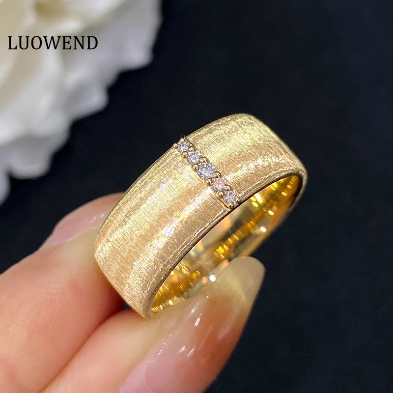 LUOWEND 18K Yellow Gold Rings Luxury Real Natural Diamond Rings Fashion Wide Cut Wire Drawing Style Wedding Jewelry for Women