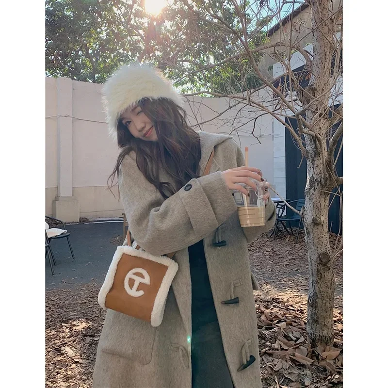 Fat MM300 Catty Hooded Cowhide Button Woolen Coat 2023 Autumn and Winter New Loose Medium Length Woolen Coat Women's Solid Color