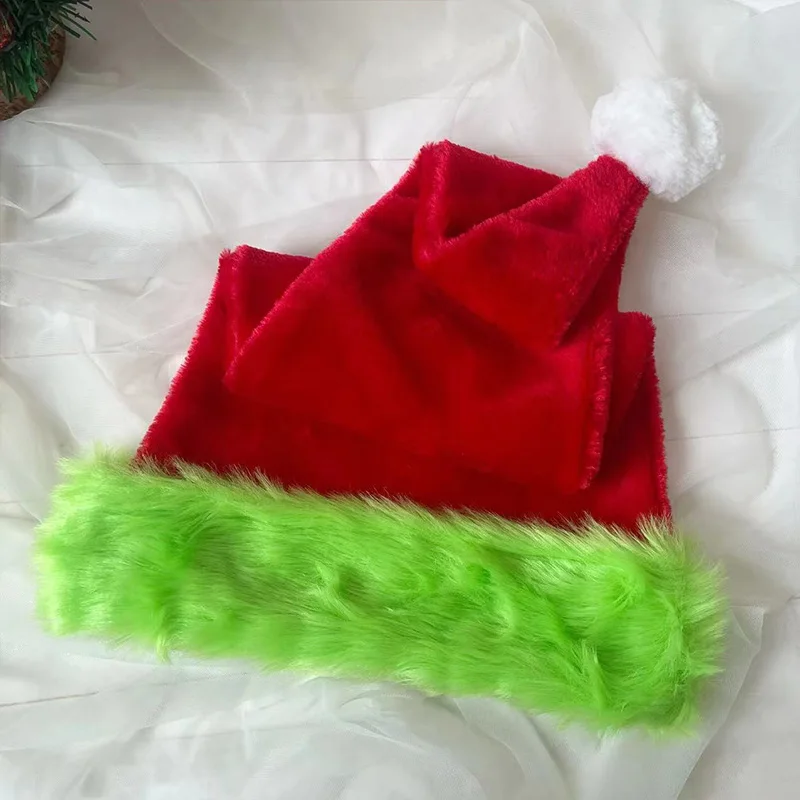 Plush Christmas hat 75CM red plush holiday decoration hat with green edge Christmas atmosphere