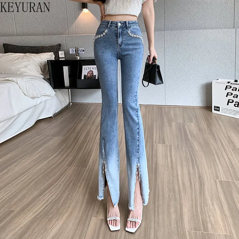 

2022 New Autumn Beaded Split Full Length Denim Pants for Women Korean Style Casual Stretch High Waist Jeans Woman Trousers Y2k