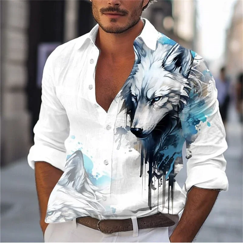 

Fashionable Men's Abstract Wolf Tiger Daily Outing Spring and Summer Lapel Long Sleeve Four-Way Stretch Fabric Men's Tops Shirt