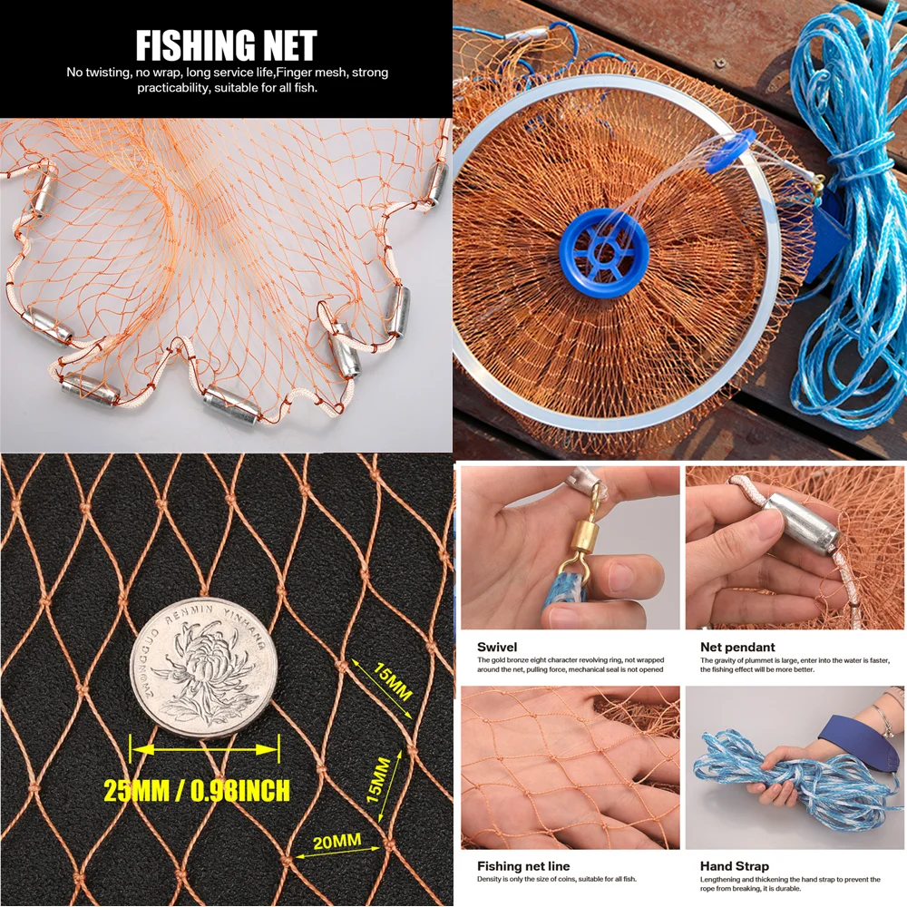 12ft16ft Fishing Cast Net - Fishing Throw Net Nylon Monofilament Casting  Net for Bait Trap Fish