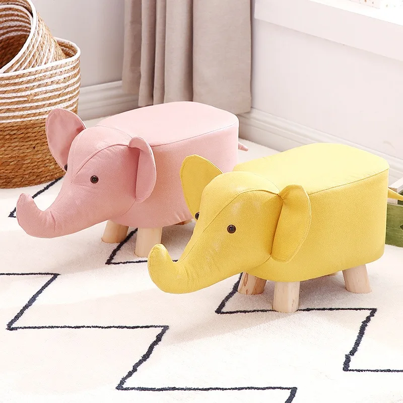 Cartoon Elephant Stool for Kids - Solid Wood Frame with Soft Fabric Seat, Multifunctional Animal Shoe Changing Stool