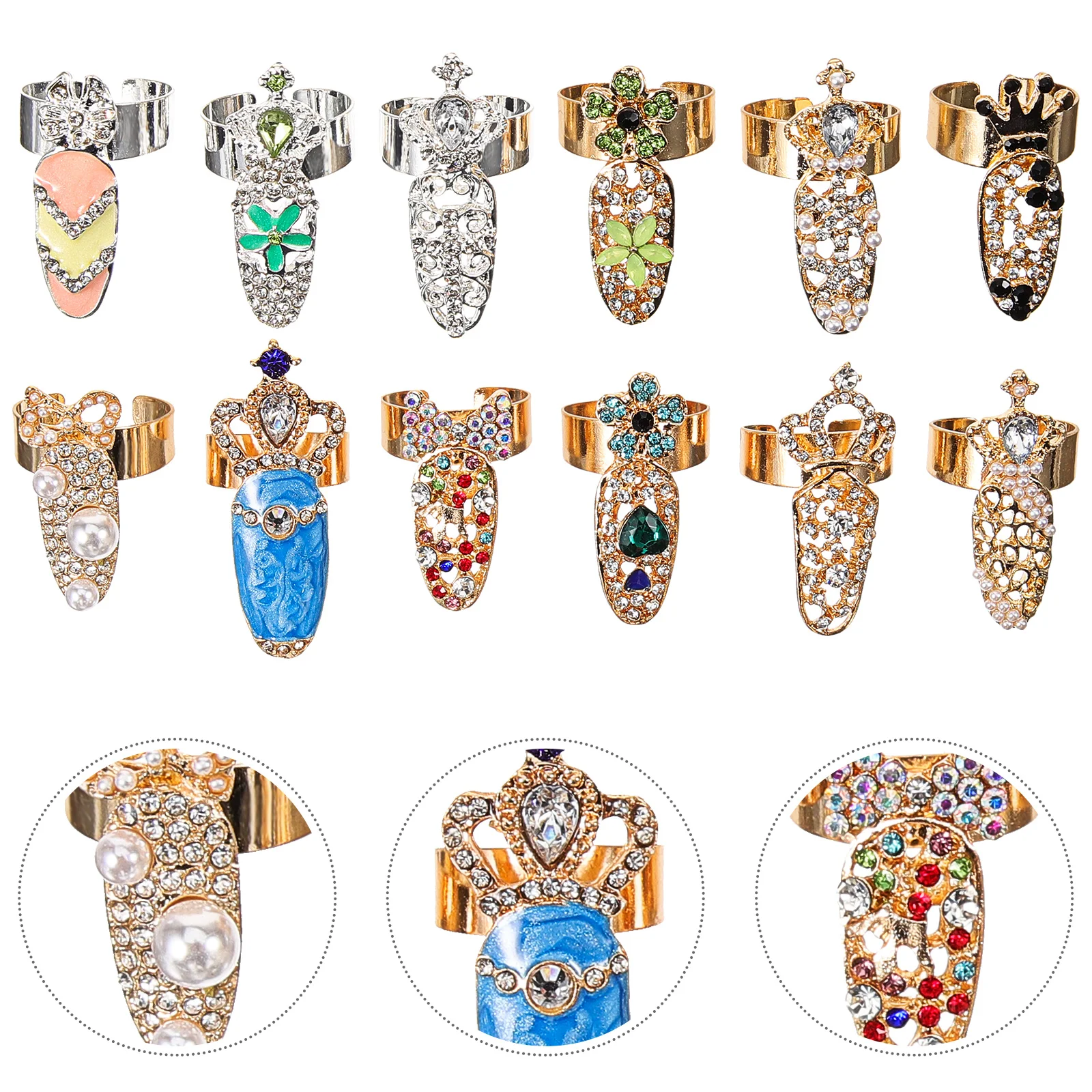 

12 Pcs Nail Rhinestones Decorations Rings Crystal Crown Personality Fashion Finger Miss Jewelry Alloy for Women