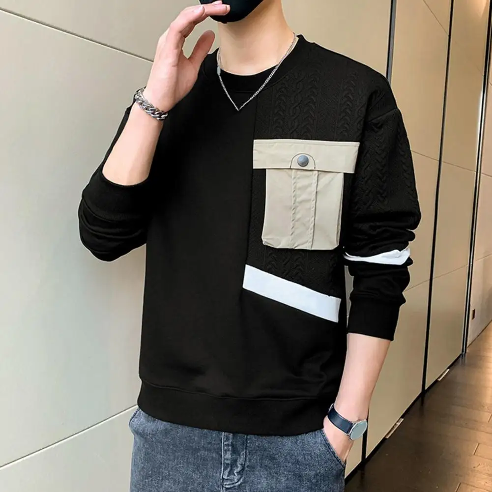 Description Picture 5 of itemLightweight Men Sweatshirt Men's Round Neck Applique Pocket Patchwork Sweatshirt Soft Breathable Long Sleeve Pullover for Fall