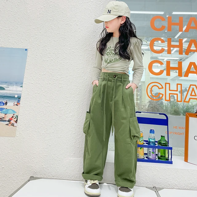 Spring And Autumn New Girl's Retro Army Green Cargo Pants High