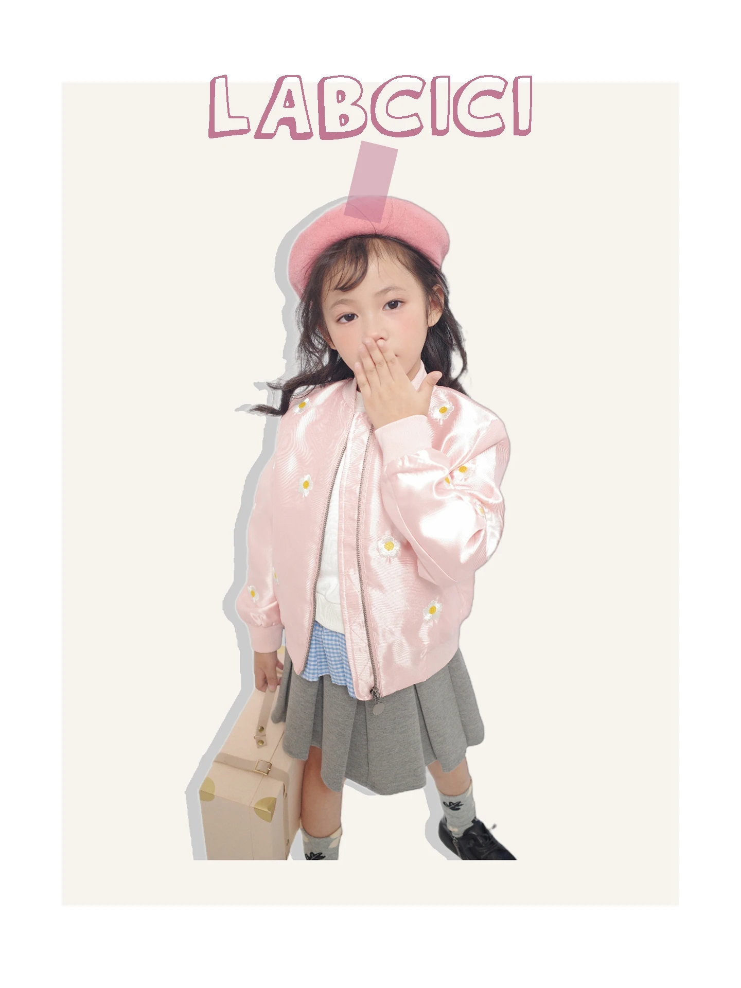 

23 autumn New girls full of daisies pink embroidery baseball jacket coat with zipper LAB CICI