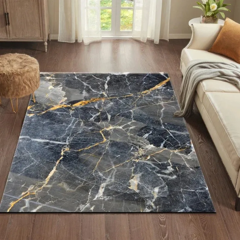 Tapis rétro Revival doré abstrait et en marbre, modernes du milieu du siècle, tapis de sol, esthétique de chambre à coucher pour le Style intemporel