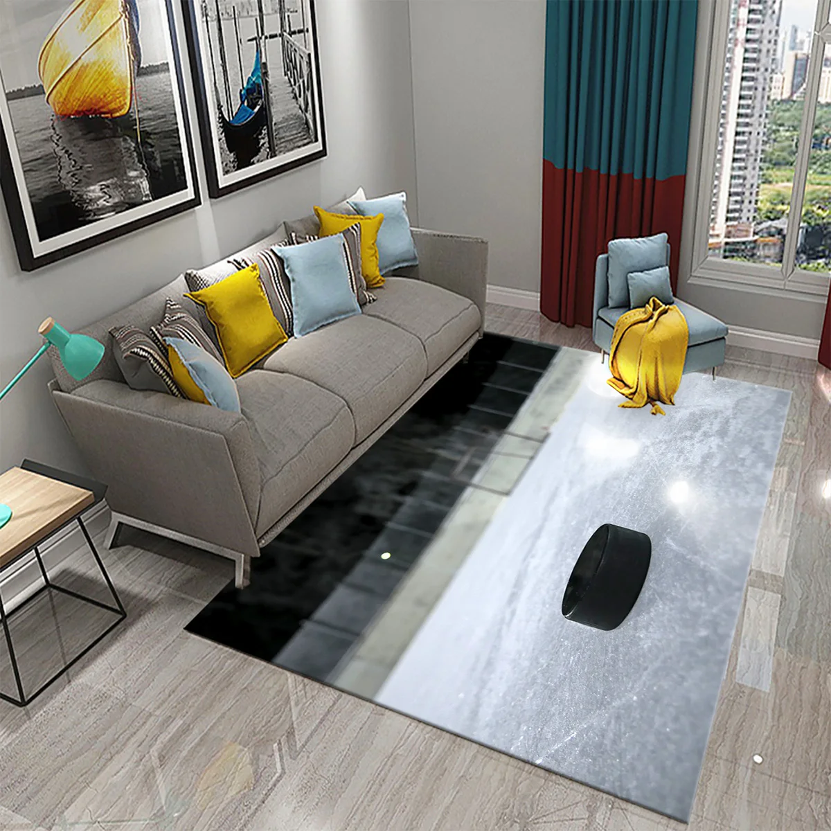 Ice Hockey Theme Carpet Winter Ball Sport for Living Room Bedroom Dining Bathroom Door Entrance Non-Slip Area Rug for Home Decor