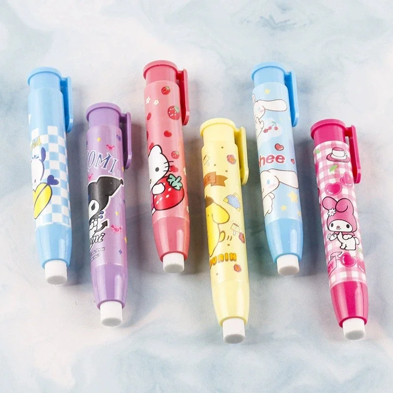 

New Sanrio Press Eraser 12pcs Students Kawaii Stationery Cute Automatic Eraser Clean Rubber Children Birthday Gift Wholesale