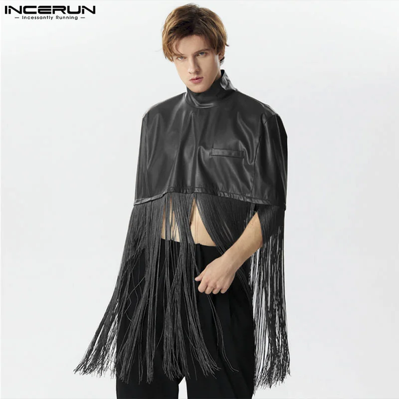 Handsome Well Fitting Tops INCERUN New Men Solid PU Leather Long Tassel Design Trench Casual Male Personality Cropped Cape S-3XL