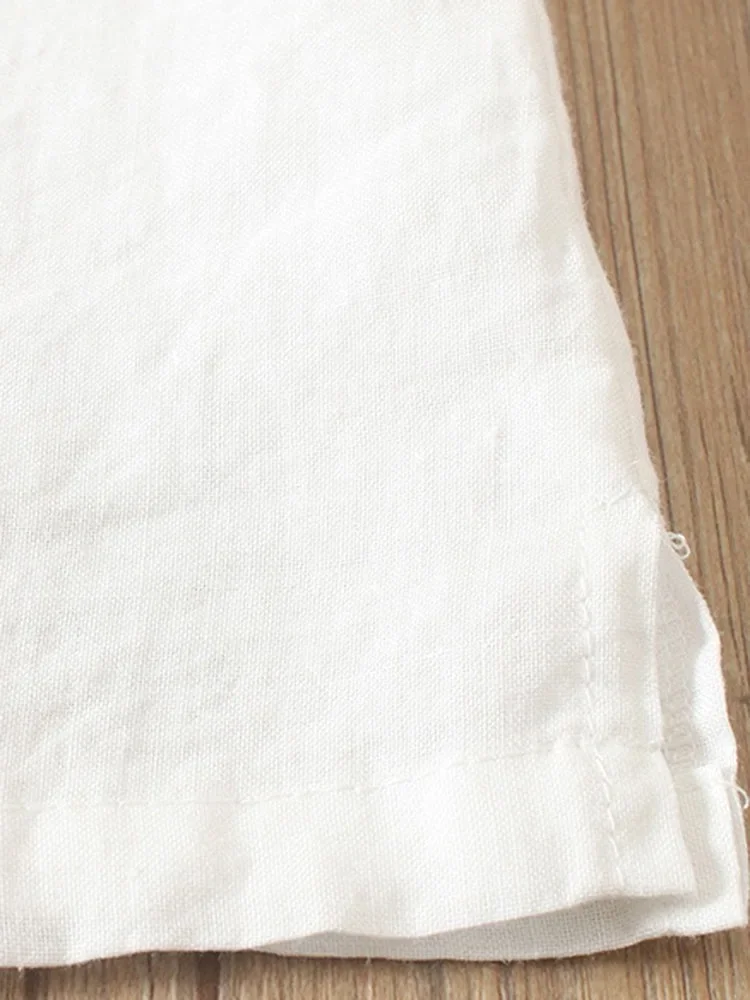 Camisa de lino y algodón con bordado de flores para mujer, blusa informal de verano con cuello redondo y manga corta, color blanco, elegante, estilo urbano