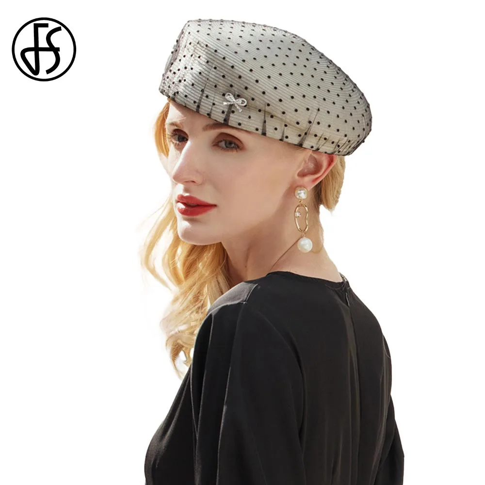 

FS Women White Beret French Polka Dot Hats Black Elegant Ladies Church Party Cap With Veil Rhinestone Fashion Vintage Millinery