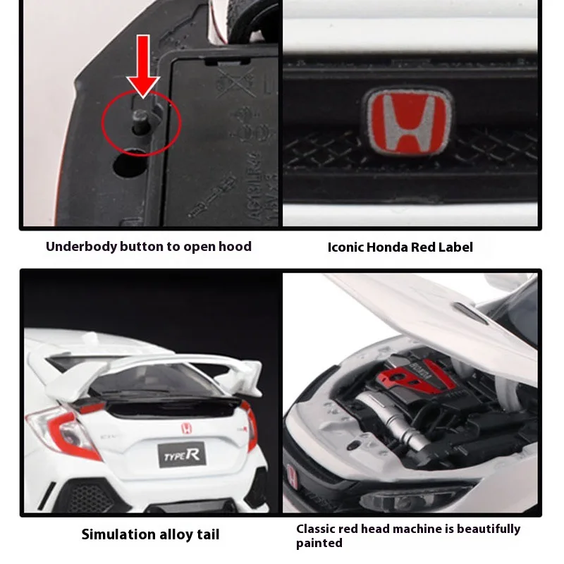 1:32 혼다 시빅 R 타입 럭셔리카 로고 합금 다이캐스트 금속 모델, 사운드 및 라이트 장난감, 트렌디 장식 장식, 어린이 장난감 선물